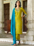 The52 Lemon Beautiful Embroidered Viscose Chanderi Fabric Straight Kurta Pant with Dupatta Set | Grocsy