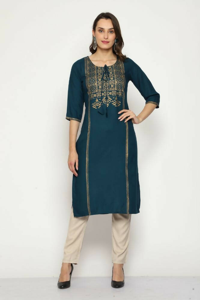 Maai Rayon Hand Printed Kurta Navy | Grocsy