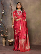 Joban Fashion Red Floral Motifs Banarasi Silk Sarees | Grocsy