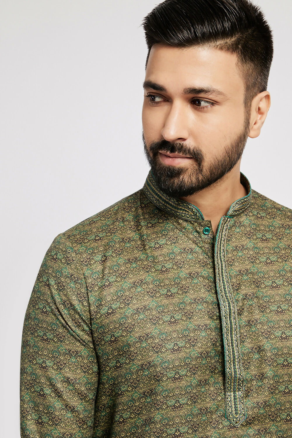 Ethnic India Green Men's Kurta Abstract Polyester | Grocsy