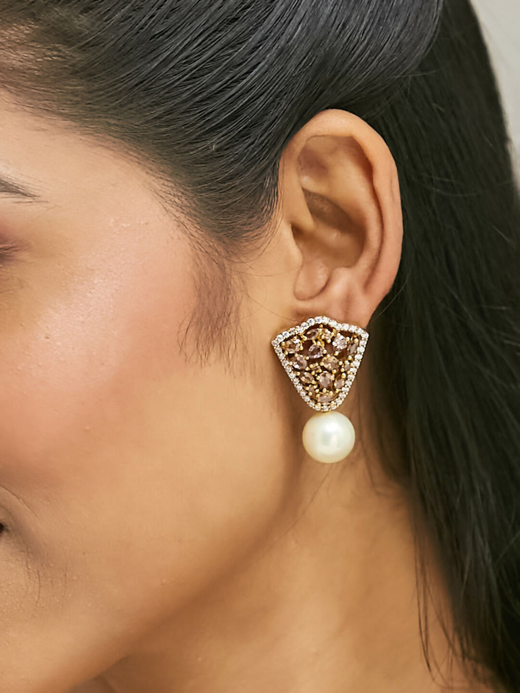 Nuyug 22K Gold-Plated Elegant Zircon Stone Studded & Pearls Drop Stud Earrings | Grocsy