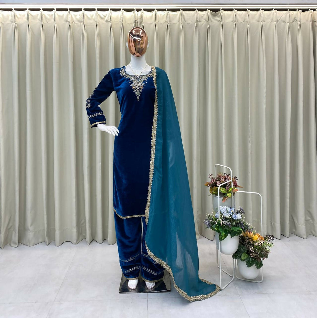 Vastranavya Teal Velvet Cording Sequence Embroidery Work Suit With Dupatta | Grocsy