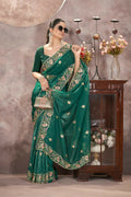 Vastranavya Gold Crunchy Multi Colour Threads Embroidery Work with Sequins Work Saree with Blouse material - Green | Grocsy