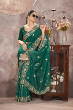 Vastranavya Gold Crunchy Multi Colour Threads Embroidery Work with Sequins Work Saree with Blouse material - Green | Grocsy