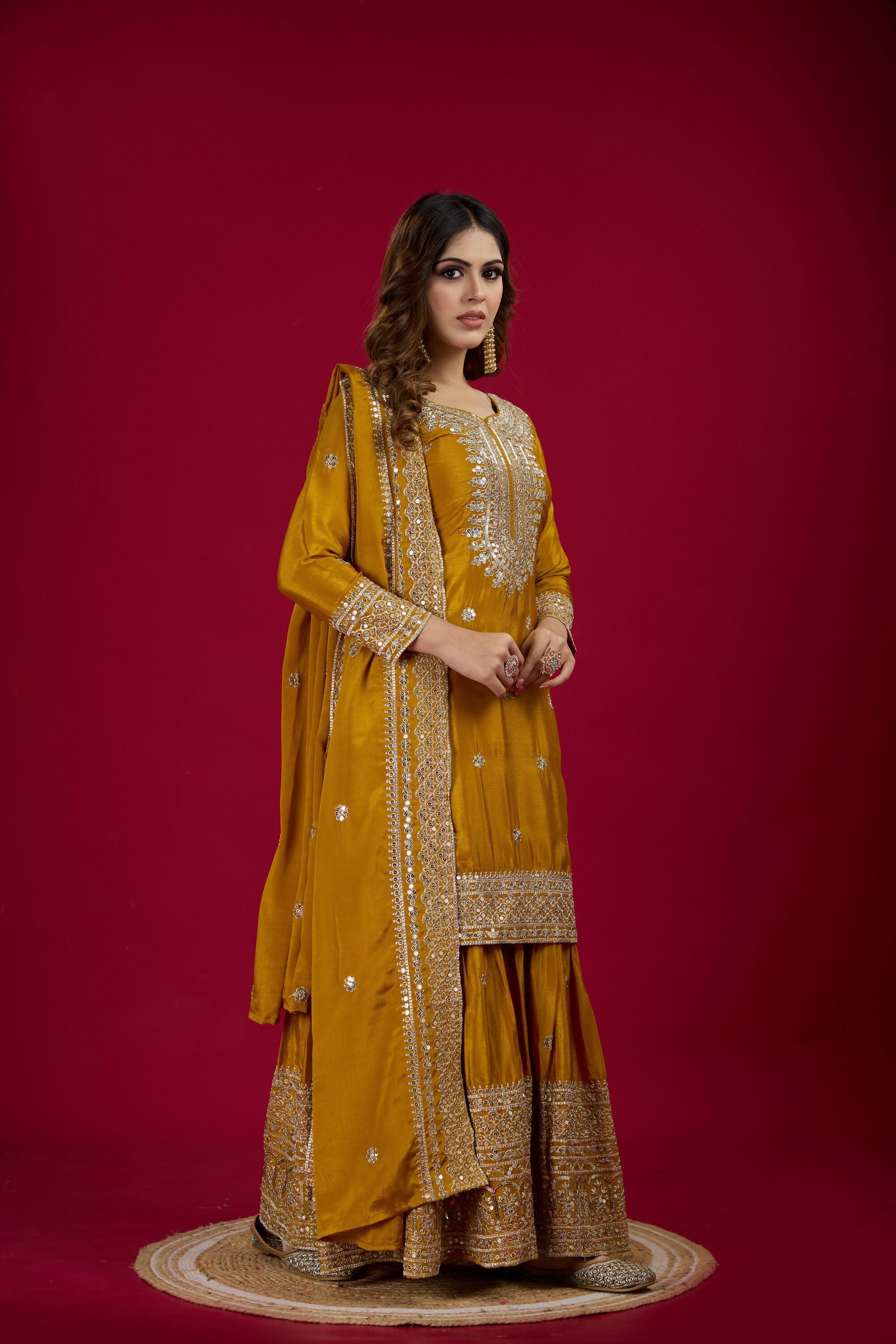 Joban Fashion Yellow Kurta Set Silk Sequins , Zari, Coding & Thread Embroidered work | Grocsy
