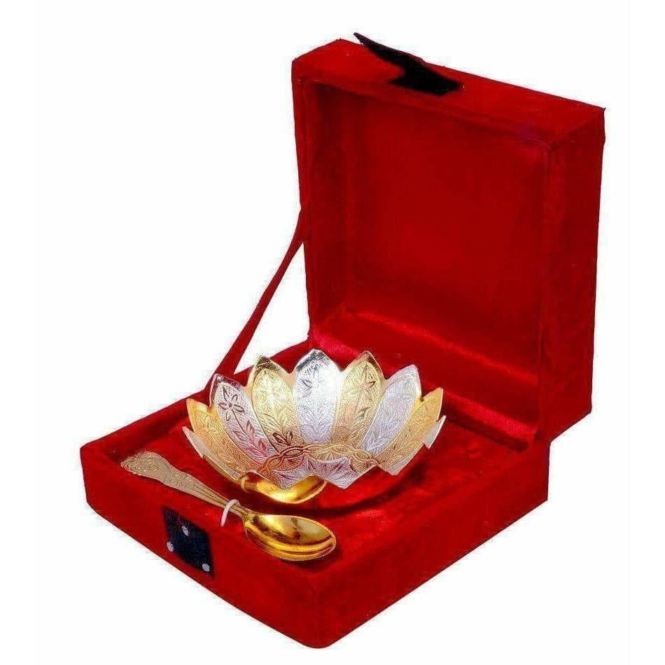 German Silver Dual Colored Flower Shaped Bowl With Spoon - Swadesiicart