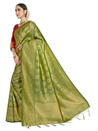 Vardha Women's Olive Green Kanchipuram Raw Silk Saree With Unstitched Blouse Piece | Grocsy