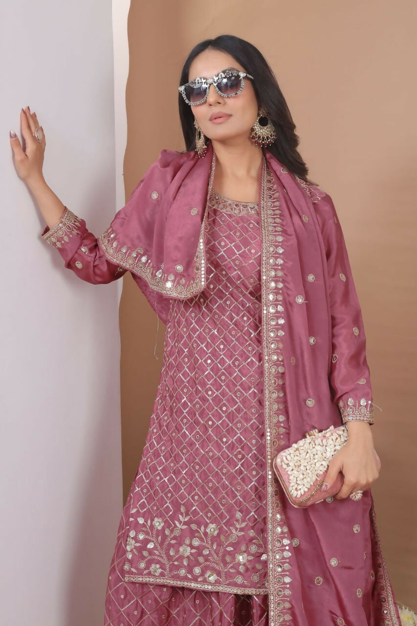 Teeya Creation Dark Onion Color Chinon Silk Wedding Wear Trending Palazzo Set | Grocsy