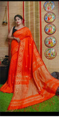 Exclusive Collection Beautiful Orange Pure Cotton Woven Handloom Saree With Running Blouse Piece | Grocsy