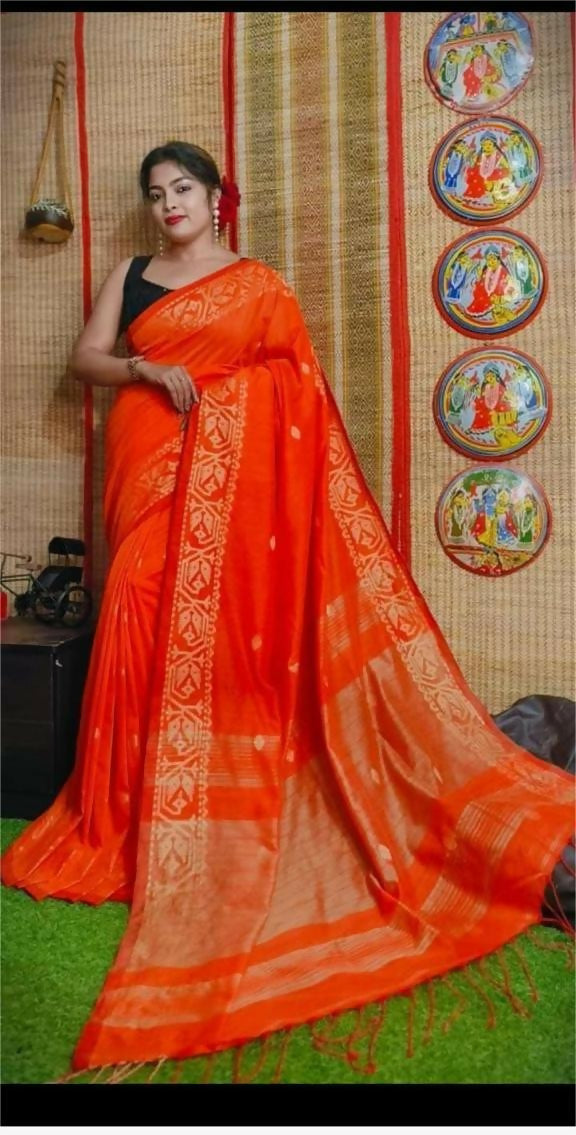 Exclusive Collection Beautiful Orange Pure Cotton Woven Handloom Saree With Running Blouse Piece | Grocsy