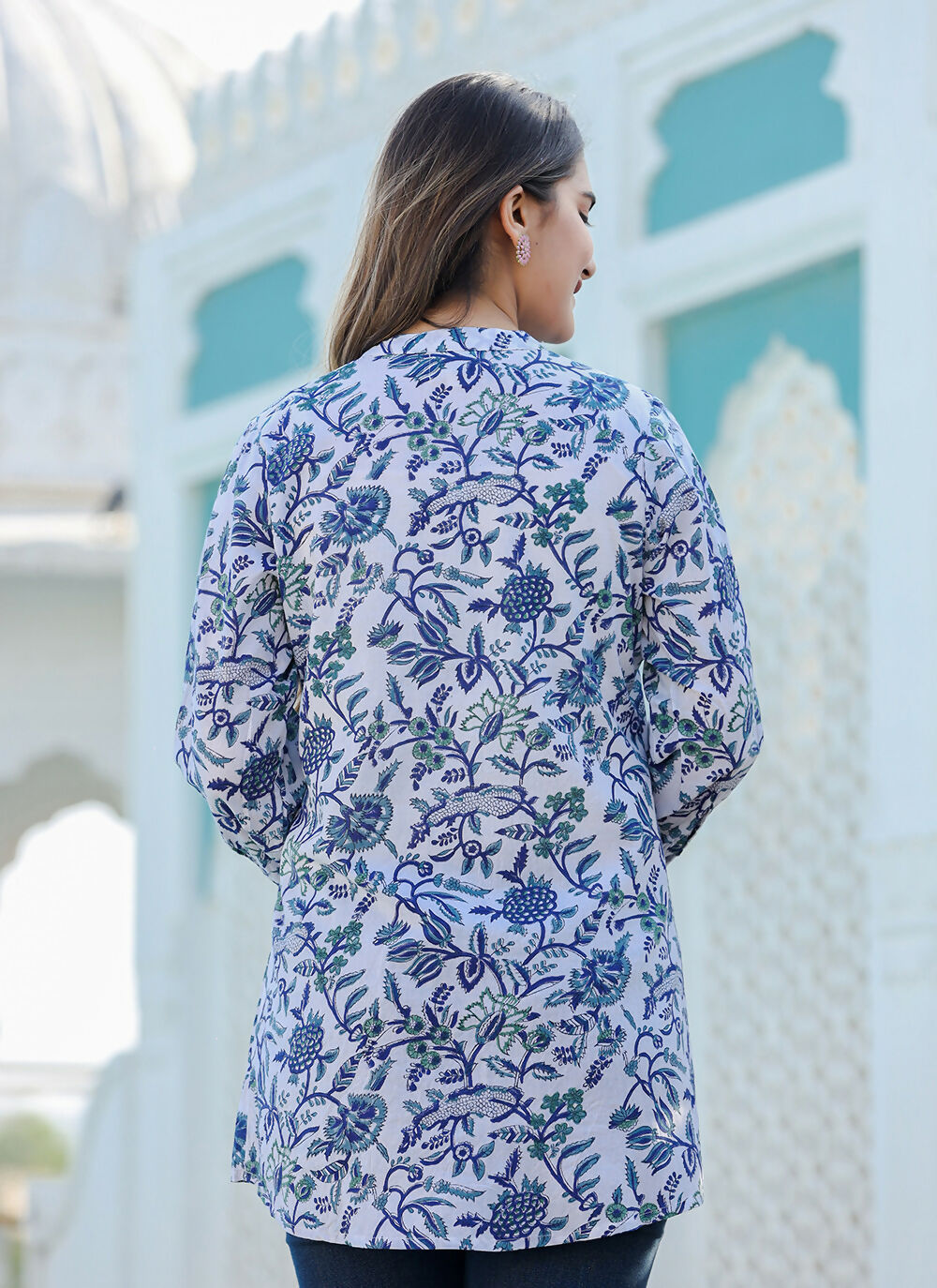Kaajh Women's White-Blue Hand Block Printed Cotton Top | Grocsy