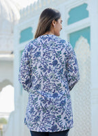 Kaajh Women's White-Blue Hand Block Printed Cotton Top | Grocsy