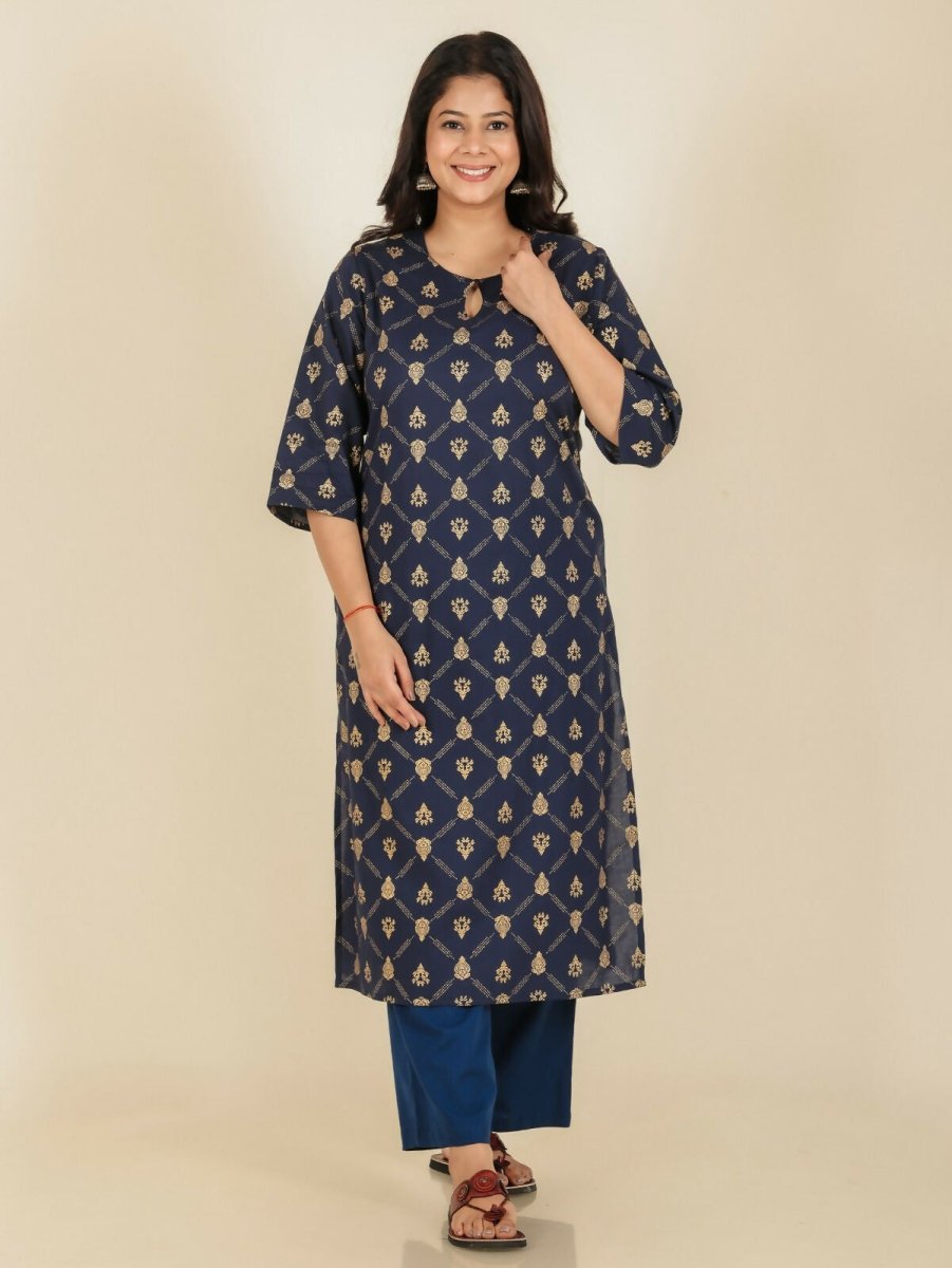 Aramya Straight Soft Cotton Floral Print Women's Kurta - Blue | Grocsy