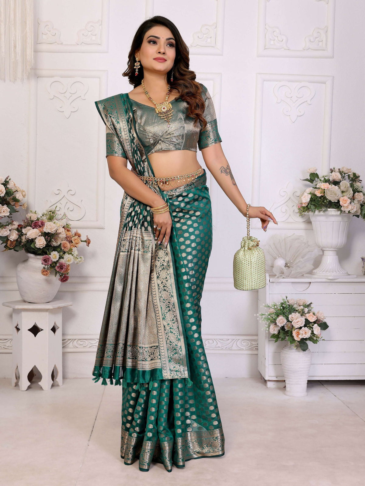 Aastha Fashion Green Organza Silk Weaving Saree | Grocsy