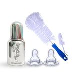 Goodmunchkins Stainless Steel Feeding Bottle with Anti Colic Silicone Nipple/Bottle Cleaning Nylon Brush (150ml, Blue) | Grocsy