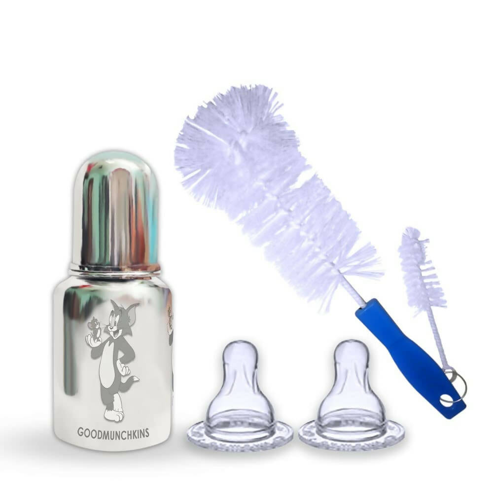 Goodmunchkins Stainless Steel Feeding Bottle with Anti Colic Silicone Nipple/Bottle Cleaning Nylon Brush (150ml, Blue) | Grocsy