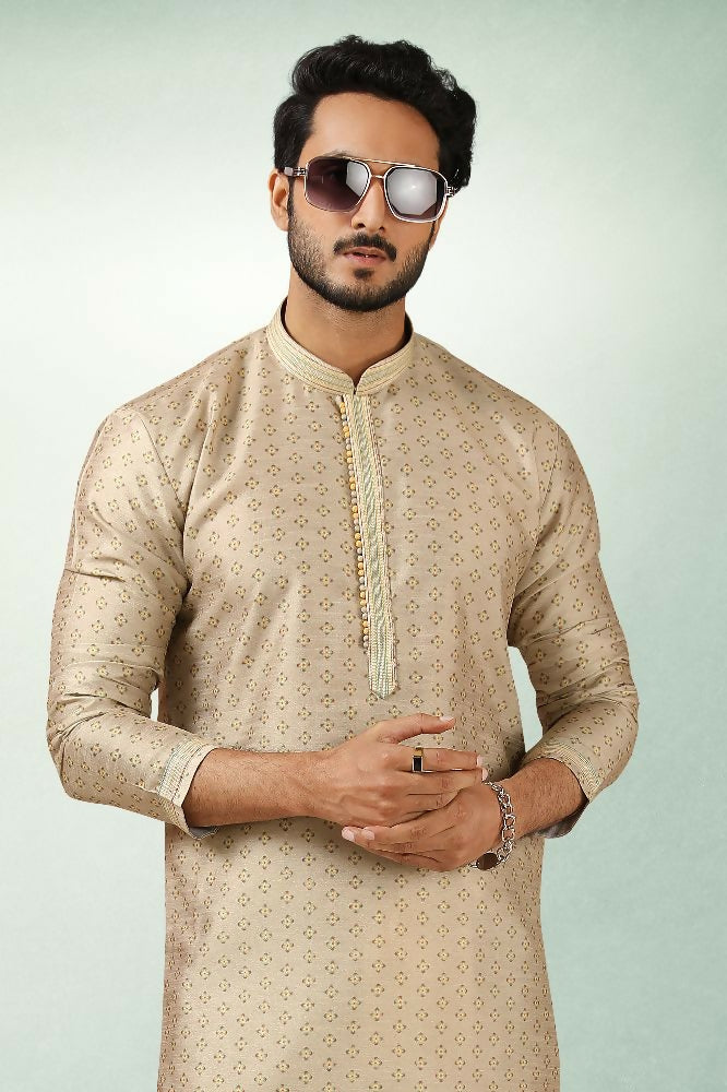 Raivat Ethnic Art Silk Printed Work Kurta Pajama In Beige Colour | Grocsy