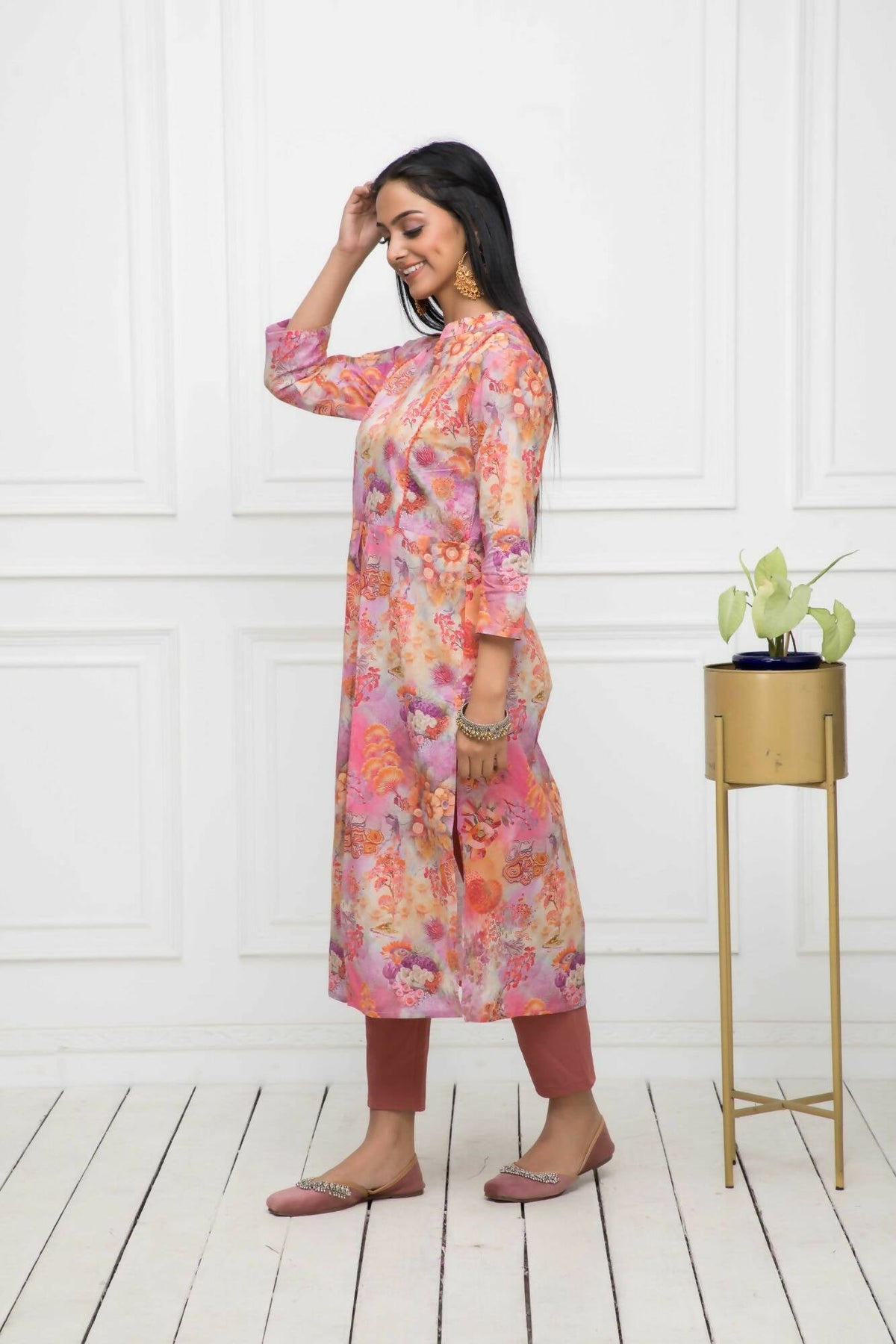 Myshka Multi Floral Women Cotton A-Line Round Neck Kurtas | Grocsy