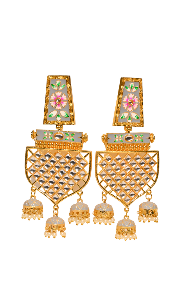 Grey Traditional Gold-Polished Meenakari Jhumka Jhumki Earrings Indian Jewellery For Women Girls By House of Ree - Swadesiicart