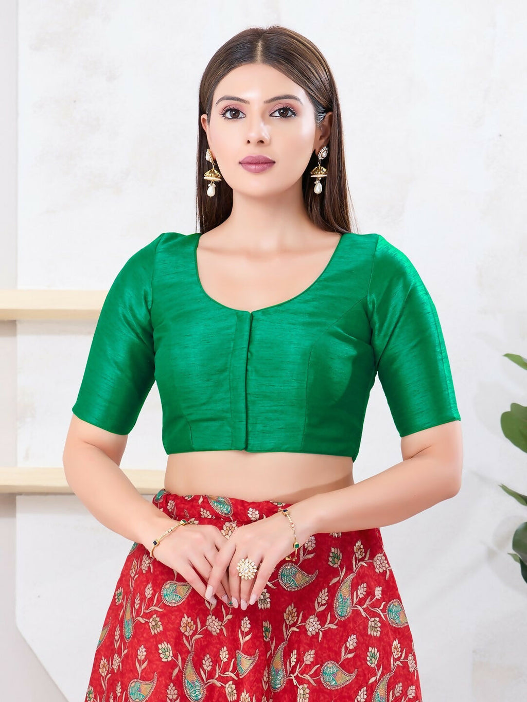 Joban Fashion Rama-Green Dupion Silk Elbow Sleeveless Front Open Blouse | Grocsy