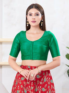 Joban Fashion Rama-Green Dupion Silk Elbow Sleeveless Front Open Blouse | Grocsy