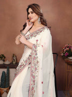 Teeya Creation New Womens Latest Party Wear Soft Chiffon Silk Saree-White | Grocsy