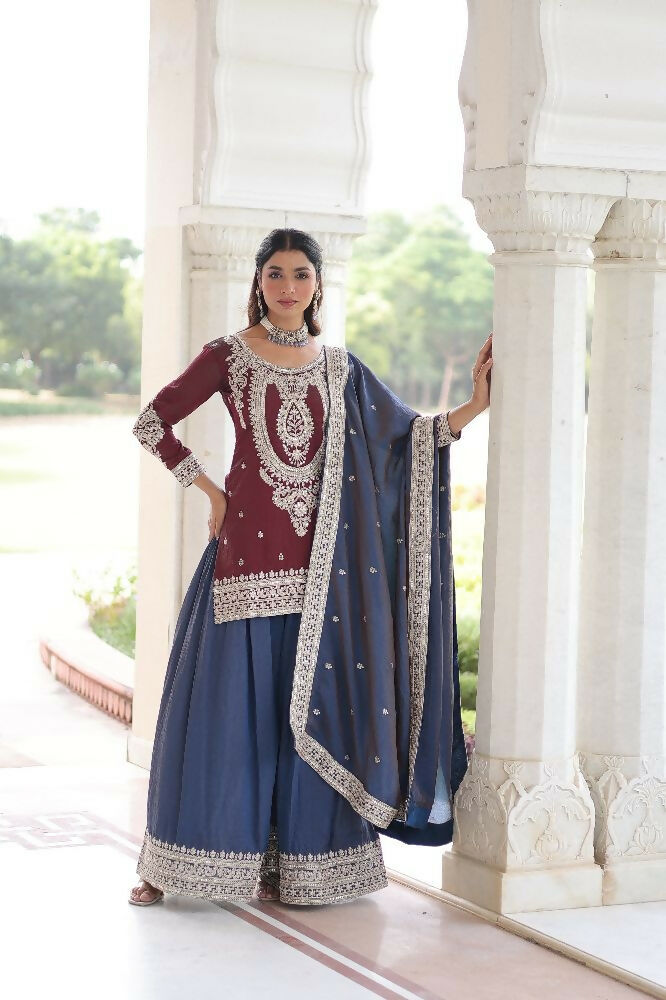 Joban Fashion Maroon Kurta Set Silk Sequins , Zari, Coding & Thread Embroidered work | Grocsy