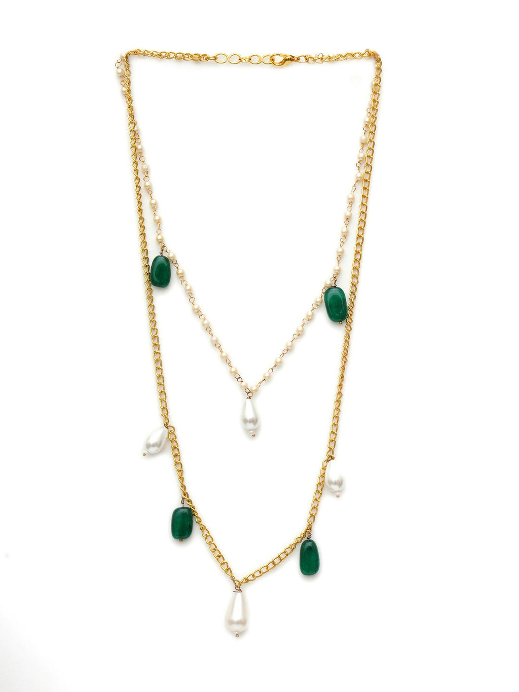 Layered Pearl and Gold Neckpiece with Emeralds (Gold) - Ruby Raang | Grocsy
