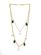 Layered Pearl and Gold Neckpiece with Emeralds (Gold) - Ruby Raang | Grocsy