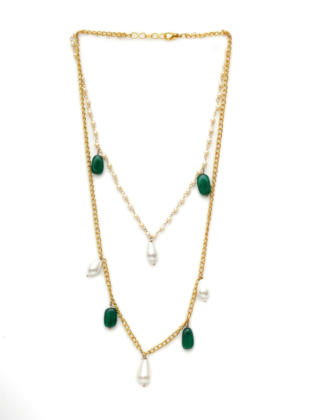 Layered Pearl and Gold Neckpiece with Emeralds (Gold) - Ruby Raang | Grocsy