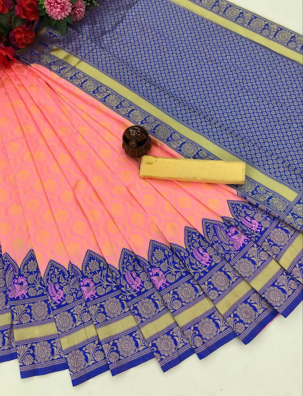 DEIANA'S Beautiful Designer Golden zari Soft Lichi Silk Saree - Peach | Grocsy