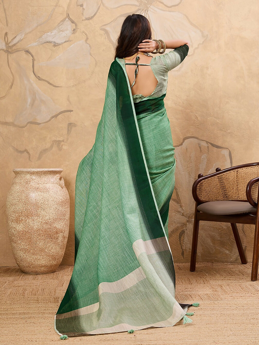 Shree Shyam Fashion Pista Green Linen Saree | Grocsy