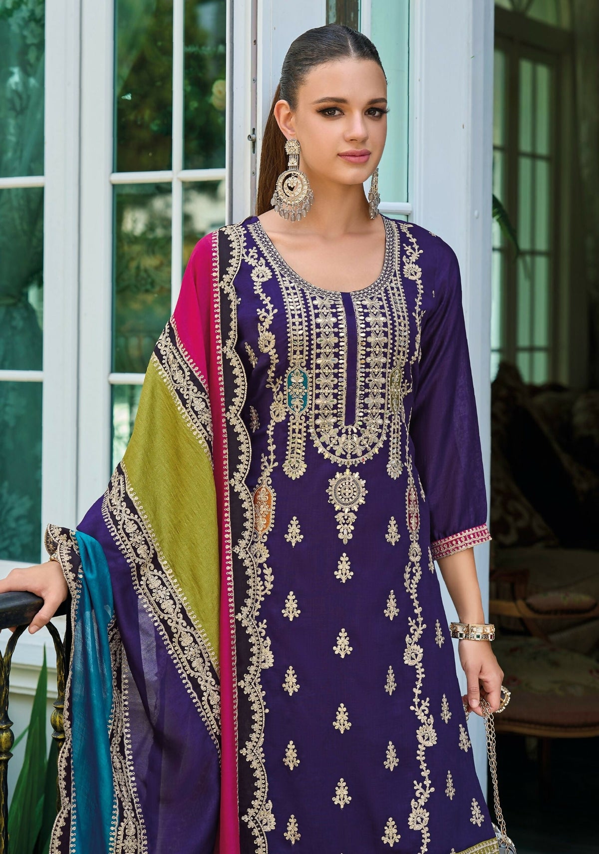Anaita Purple Premium Embroidered Chinon Stitched Salwar Suit | Grocsy