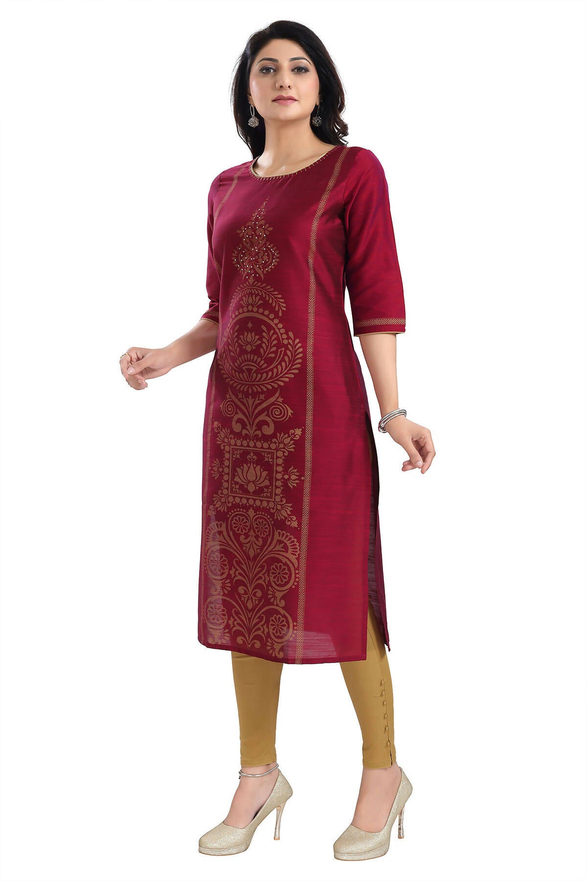 Snehal Creations Majenta Raw Silk Block Print Long Kurta For Women | Grocsy
