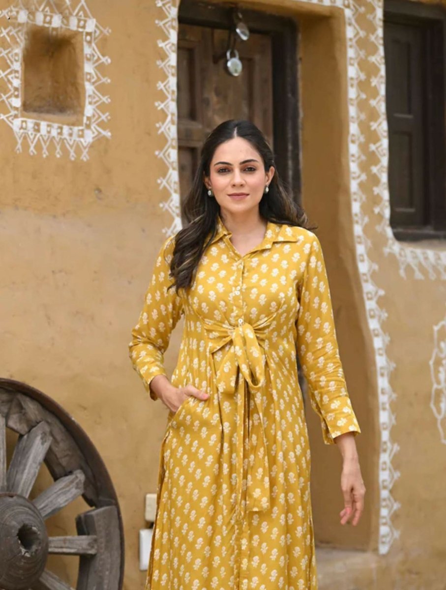 Aayaa Pure Muslin printed Kurti & Pant - Mustard yellow | Grocsy