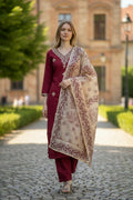 The52 Women's Beautiful Rayon Slub Fabric Embroidery Work Straight Kurta Pant and Dupatta Set | Grocsy