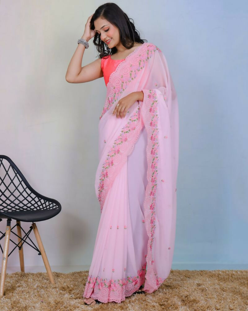 Vamsee Rashmika Baby Pink Georgette Saree | Grocsy