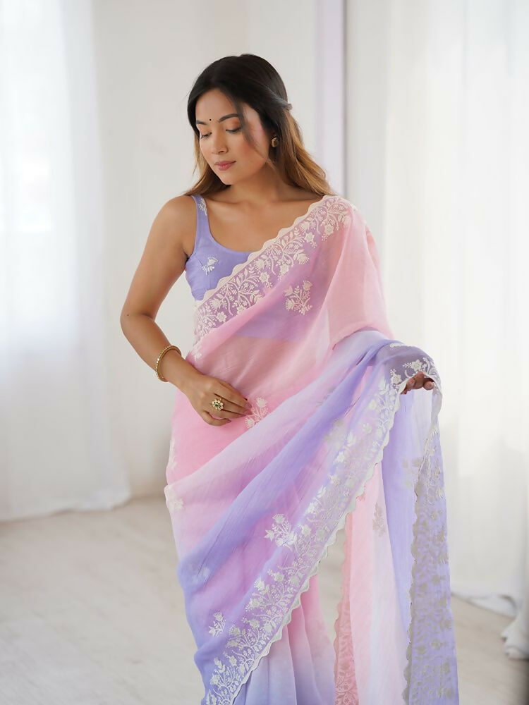 Light Pink Crunchy Silk Embroidery Work Party Wear Saree - Lakshita | Grocsy