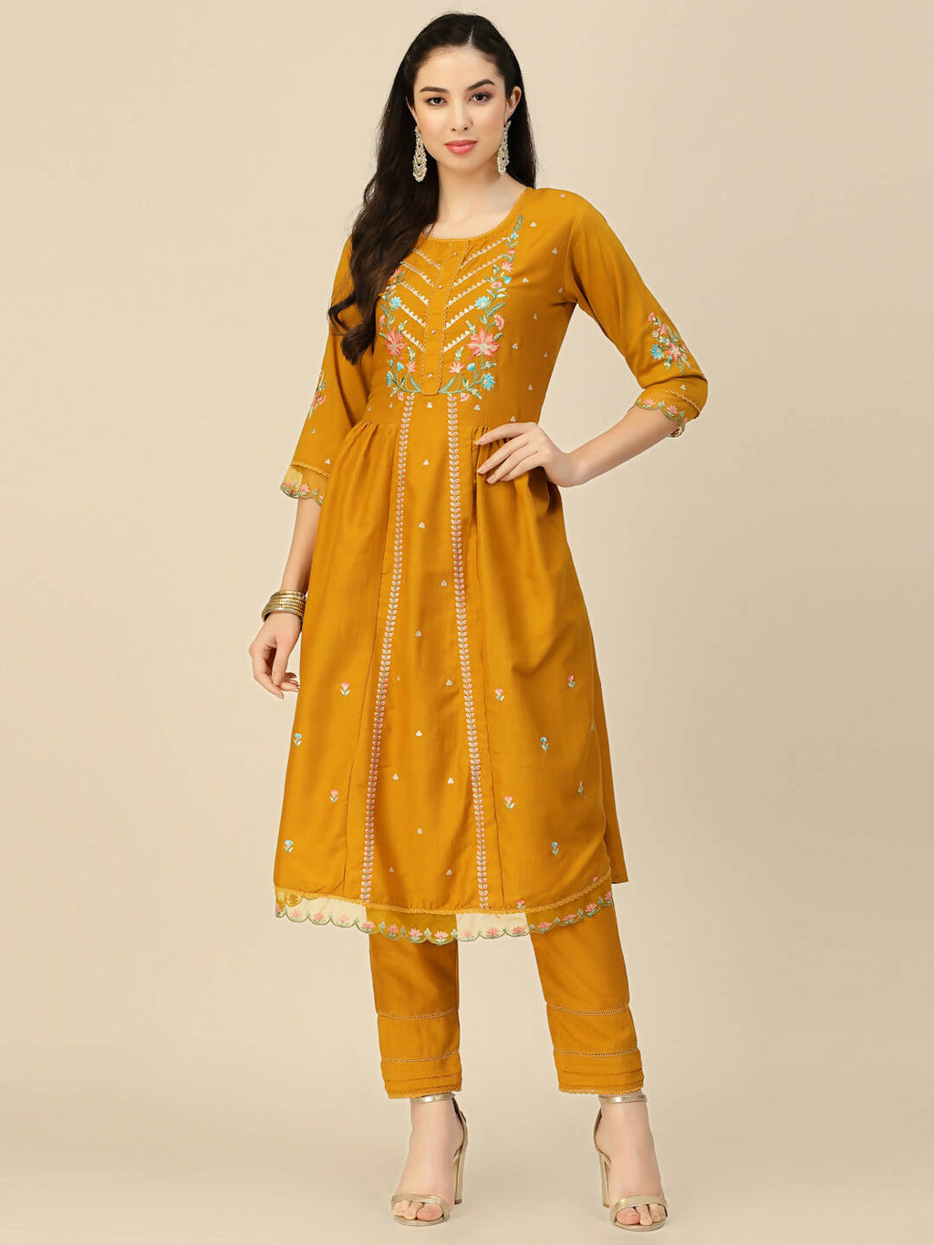 Mustard Embroidered Chinon Straight Kurta With Trouser & Dupatta - Salimar | Grocsy