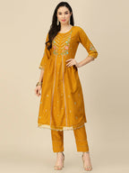 Mustard Embroidered Chinon Straight Kurta With Trouser & Dupatta - Salimar | Grocsy