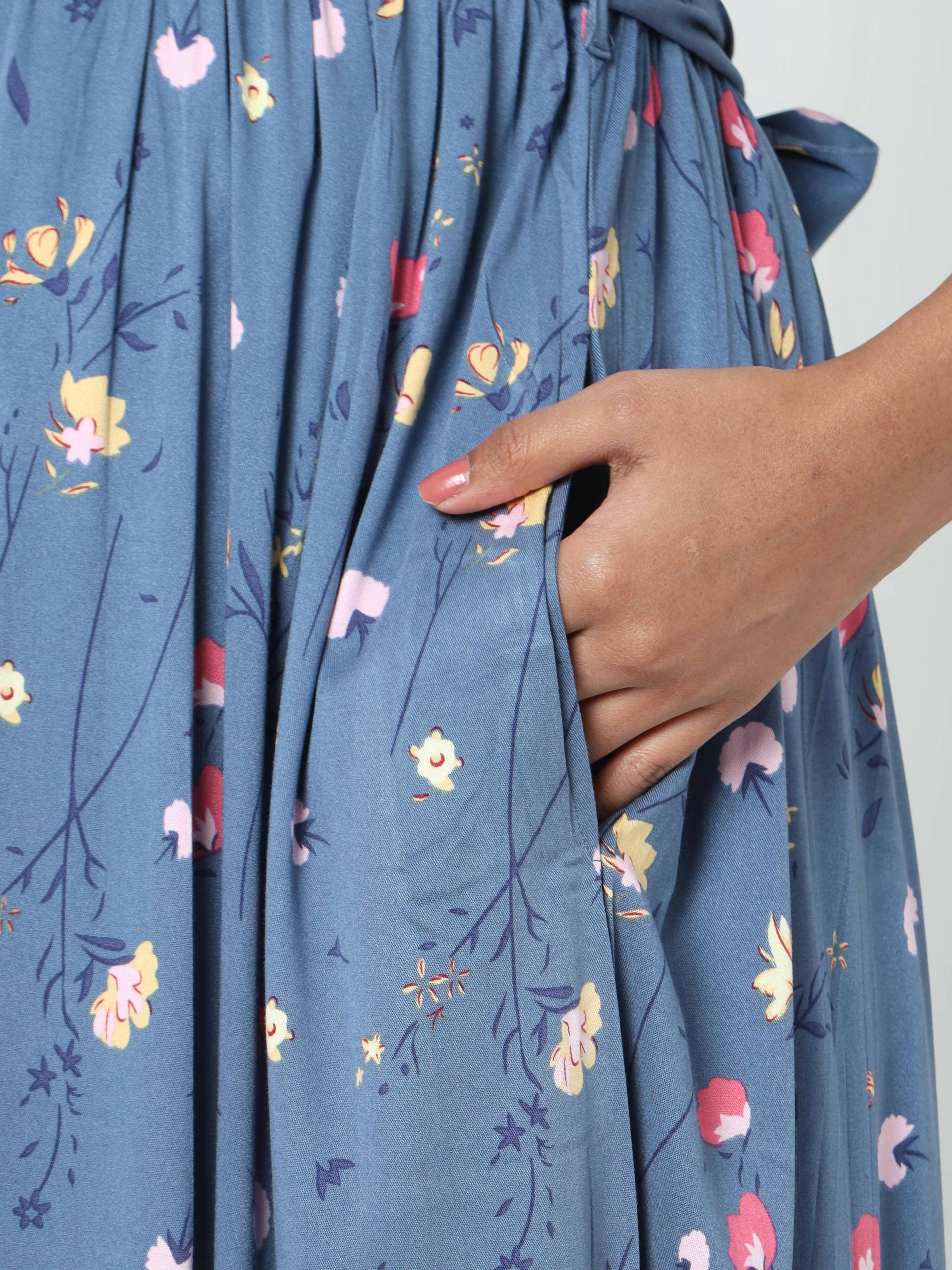 Manet Three Fourth Maternity Dress Floral Print With Concealed Zipper Nursing Access - Dark Grey | Grocsy