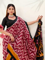 Vastranavya Maroon Tussar Silk Zigzag Waves Printed Saree with Unstitched Blouse | Grocsy