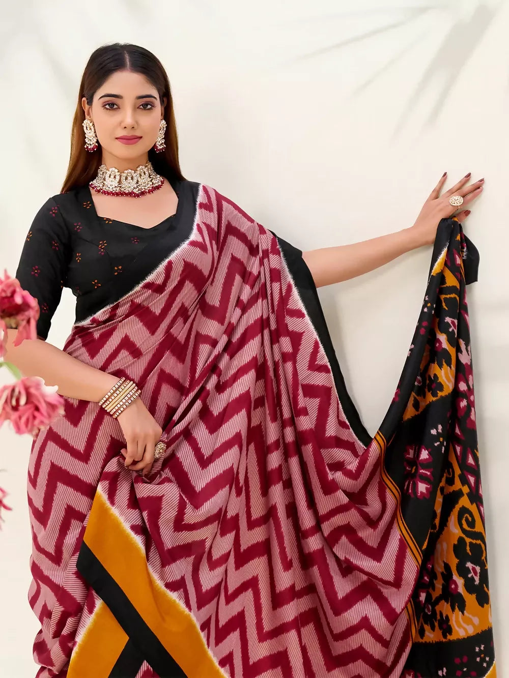 Vastranavya Maroon Tussar Silk Zigzag Waves Printed Saree with Unstitched Blouse | Grocsy