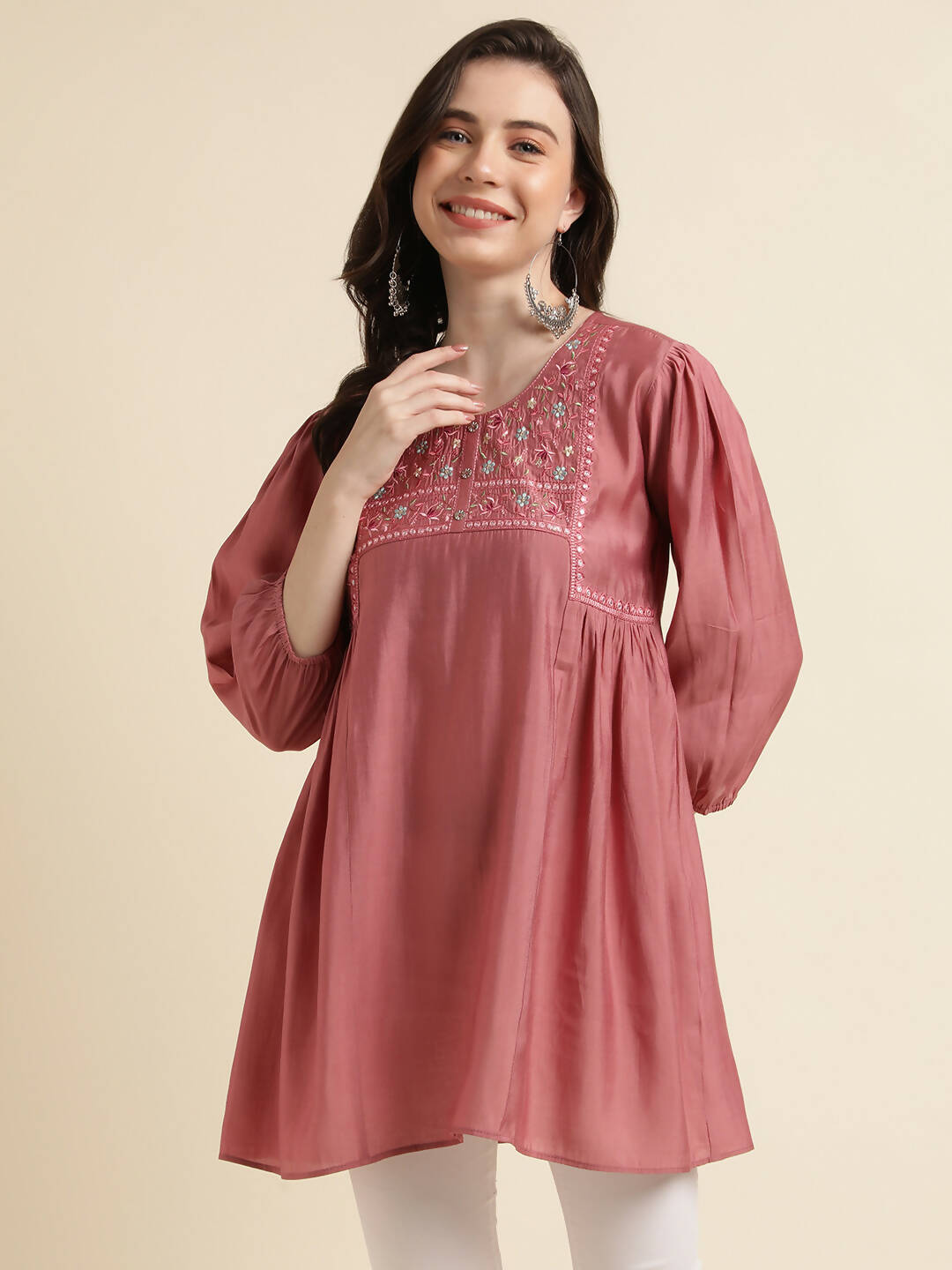Pink Chinon Yoke Embroidered A-line Top - Tarini | Grocsy