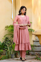 Yufta Women's Pink Tiered Embroidered Kurta with Trouser and Dupatta | Grocsy