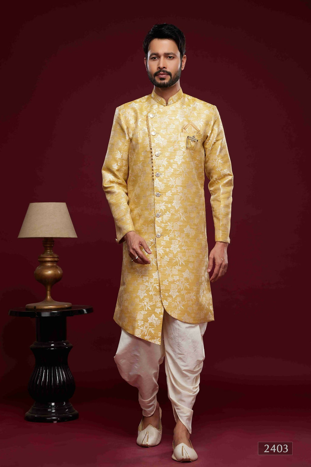 Raivat Ethnic Banarasi Jacquard Embroidery Semi Indo Western Sherwani In Cream Beige Colour | Grocsy