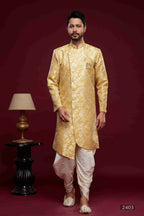 Raivat Ethnic Banarasi Jacquard Embroidery Semi Indo Western Sherwani In Cream Beige Colour | Grocsy
