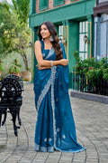 Vastranavya Teal Embroidery Work Shimmer Chiffon Saree with Unstitched Blouse | Grocsy