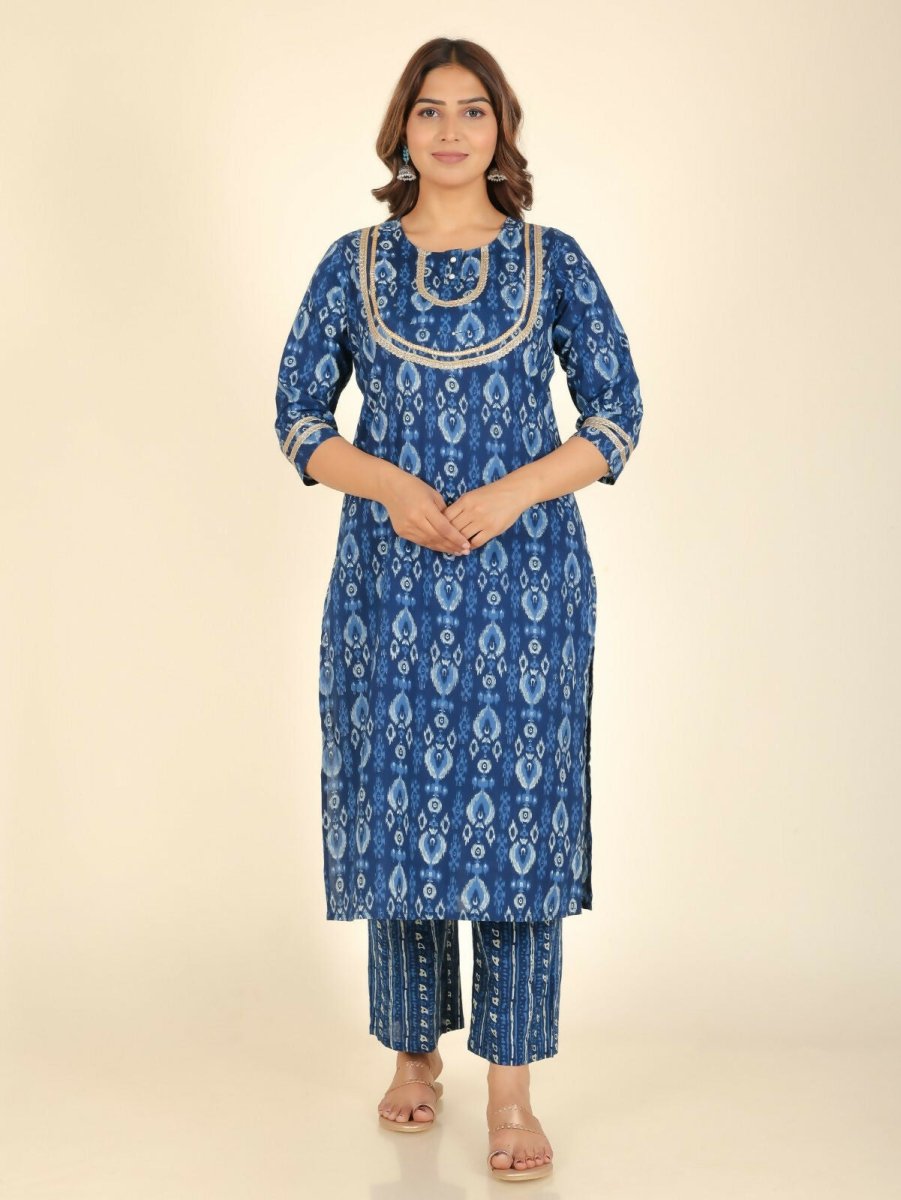Aramya Straight Soft Cotton Ikat Print Women's Kurta Set - Blue | Grocsy