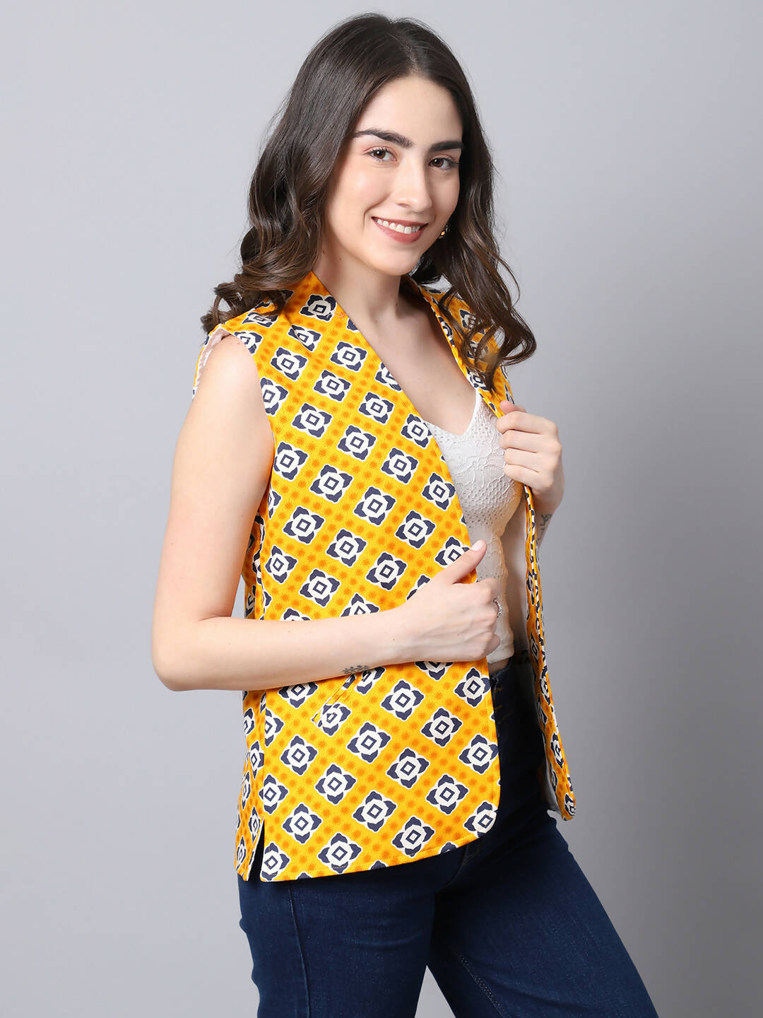 Even Apparels Yellow 100% Viscose Rayon Open Front Gillet | Grocsy